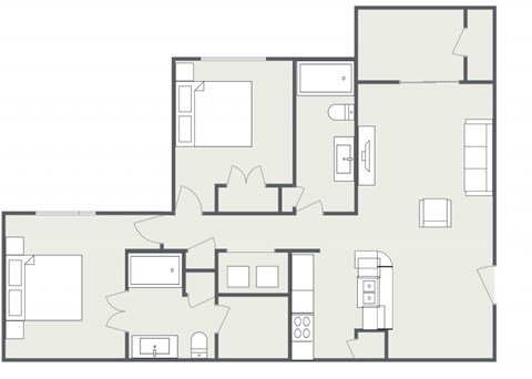 A floor plan of a house with a kitchen, living room, and two bedrooms.